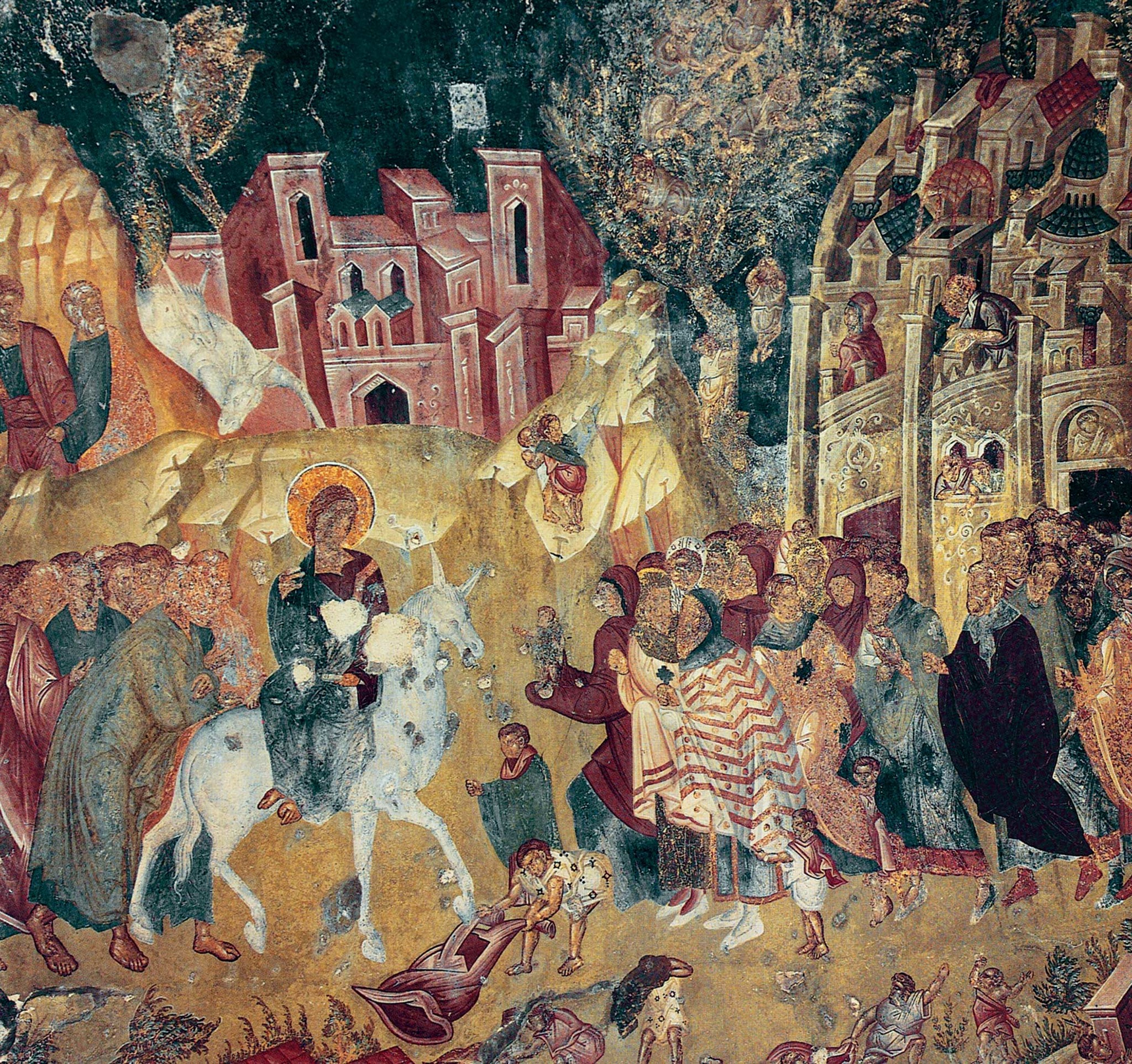 Вход в Иерусалим. Ок. 1428 г. Церковь Богоматери Пантанассы, Мистра, Греция