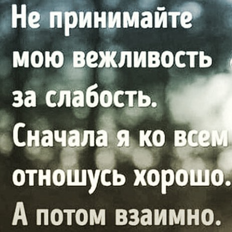 Сначала относятся. Не принимайте мою вежливость за слабость. Вежливость за слабость. Вежливость принимают за слабость. Отношусь взаимно.