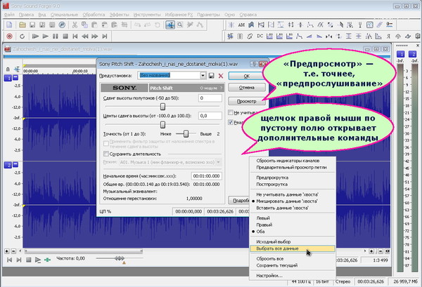 SoundForge 9 - Effects - Pitch (изм высоты звука) -04-сдвиг настройки