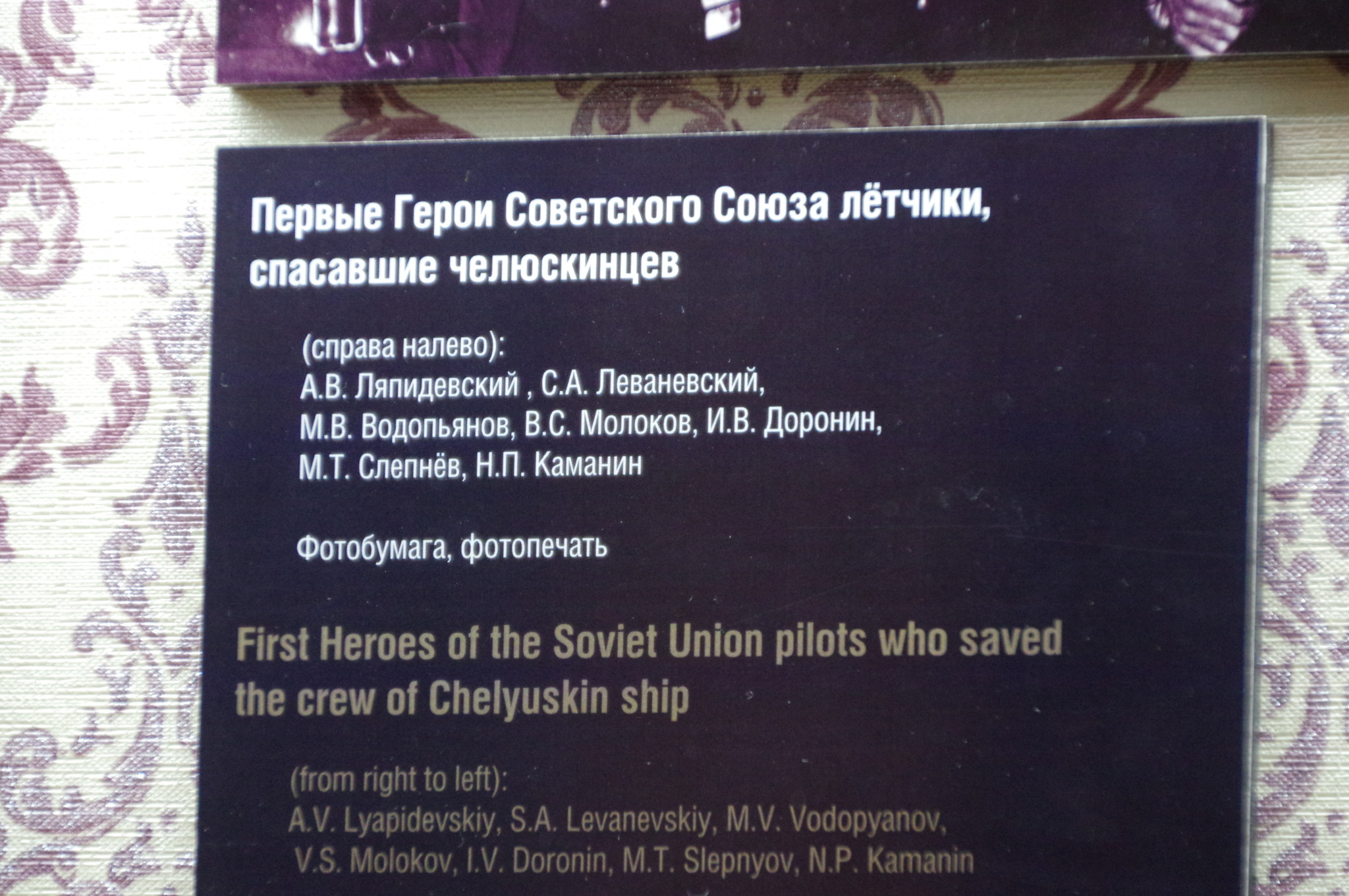 Первые Герои Советского Союза лётчики, спасавшие челюскинцев (справа налево): Анатолий Ляпидевский, Сигизмунд Леваневский, Михаил Водопьянов, Василий Молоков, Иван Доронин, Маврикий Слепнёв, Николай Каманин. Музей Победы