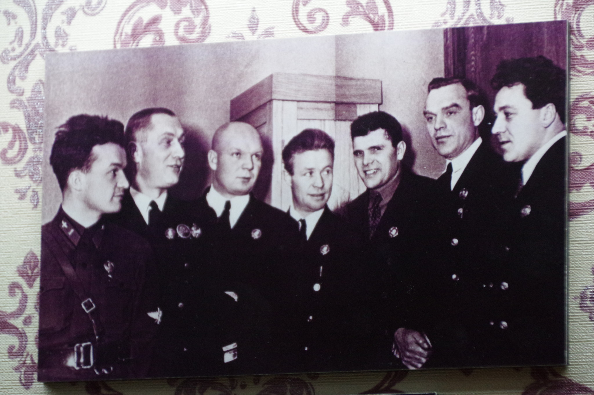 Первые Герои Советского Союза лётчики, спасавшие челюскинцев (справа налево): Анатолий Ляпидевский, Сигизмунд Леваневский, Михаил Водопьянов, Василий Молоков, Иван Доронин, Маврикий Слепнёв, Николай Каманин. Музей Победы