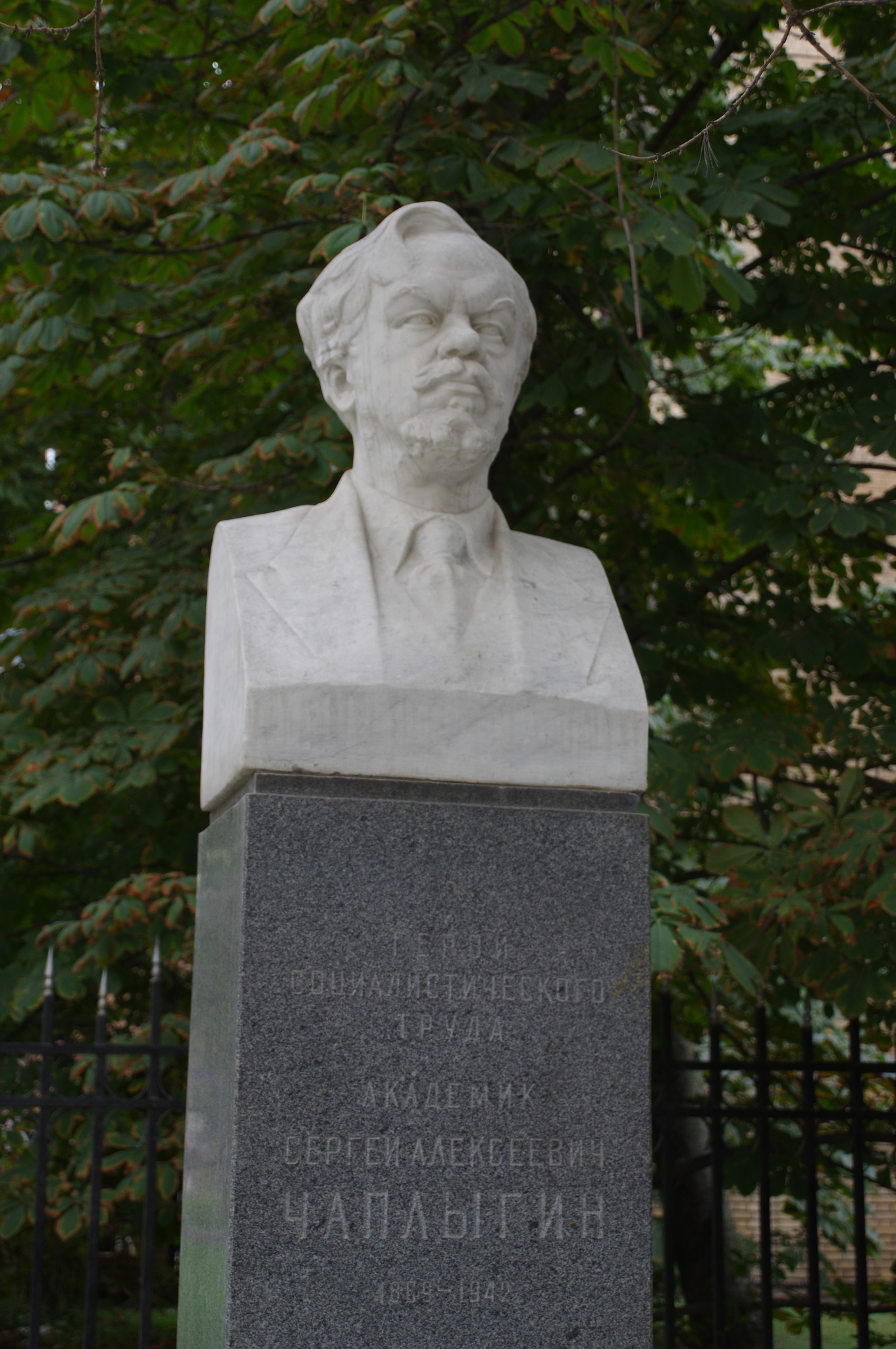 Памятник Сергею Алексеевичу Чаплыгину на углу Малого и Большого Харитоньевских переулков в Москве