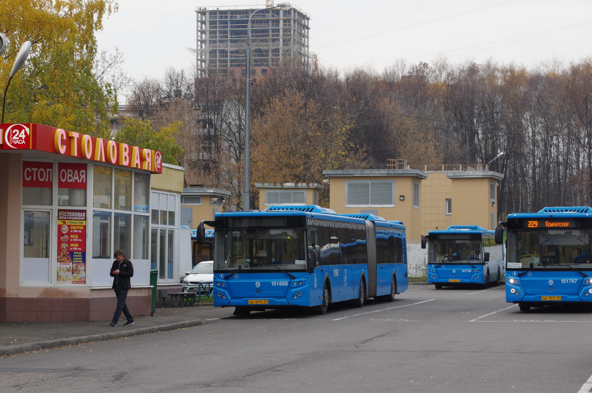 Автобус ЛиАЗ-6213.65 № 151688 (госномер: ос 411 77 rus), автобусы ЛиАЗ-5292.65: № 151750 (госномер: ок 152 77 rus) и № 151767 на маршруте № 229 (госномер: ок 171 77 rus). Остановка «Метро Молодёжная»
