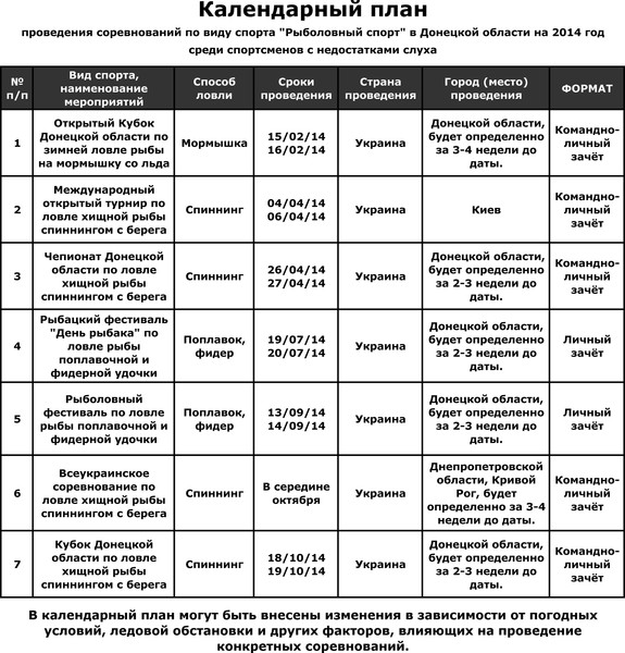 Календарный план соревнований