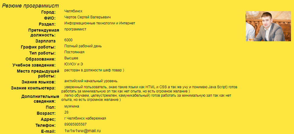 Образец резюме для программиста